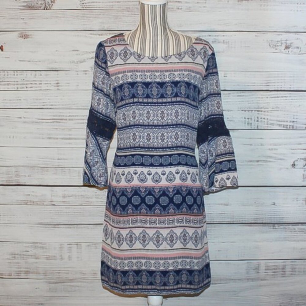 Westport 1962 Women's Blue Paisley Floral Lace Bell Sleeve Shift Dress Size 14P